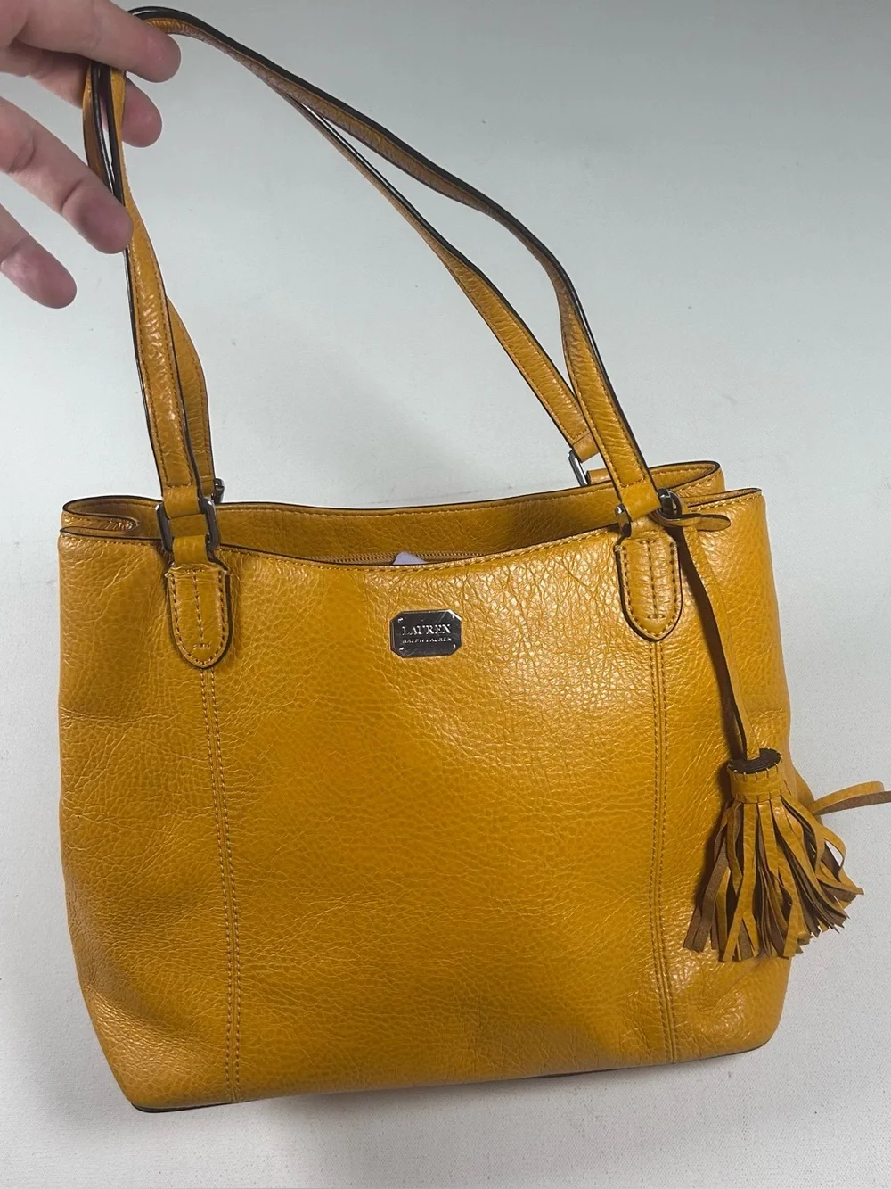 Lauren Ralph Lauren Leather Satchel Pebbled Tassel Charm Mustard Yellow Bag